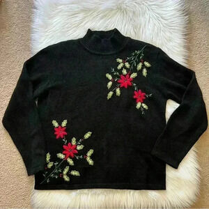 Vintage Christmas Dress Barn Mock Turtleneck Sweater Pointsettia and Holly Large